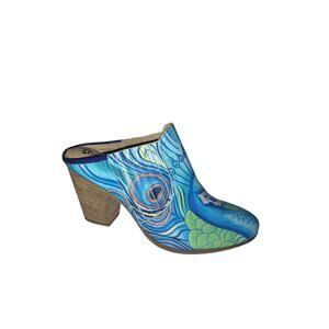 Anuschka Hand Painted Leather Clog Mules Peacock Art Block Statement  Women 8